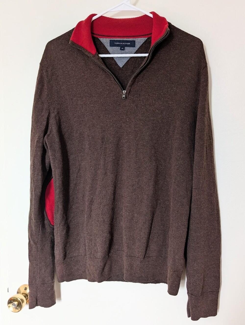 Tommy Hilfiger brown quarter zip fall sweater with red elbow pads